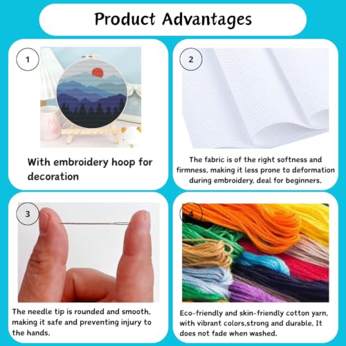 3 Pack Landscape Stamped Cross Stitch Kits for Beginners,with Hoop 8x8in - color: Landscape