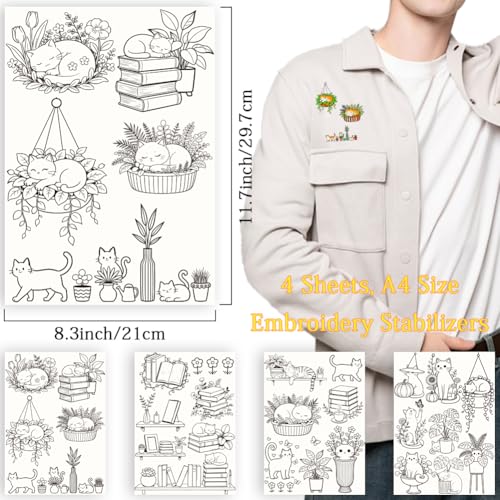 27Pcs Water Soluble Embroidery Paper Patterns 11.7" x 8.3" Stick and Stitch Embroidery Paper Wash Away Patterns Cat Plant Transfer Paper Stabilizer Hand Sewing Crafts for Shirts Coats Bags - color: Cat