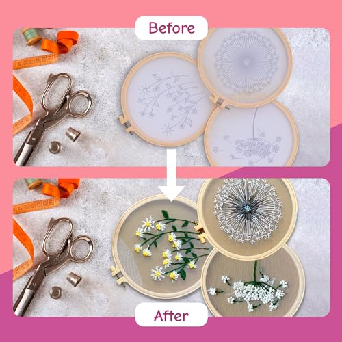 Clear Background Embroidery Kit for Beginners – DIY Hand Embroidery Kit with 3 Hoops, Stamped Patterns, Needles, Thread, Scissors – Minimalist Embroidery Set for Adults, Teens, Women, Craft Lovers - color: Clear Background with Flowers