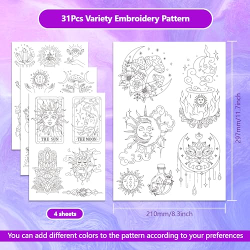 ORIGACH 4 Sheets Magic and Witchcraft Theme Water Soluble Embroidery Patterns Stabilizers - Pre-Printed Sun Moon & Evil Eye Designs - Stick & Stitch Embroidery Paper for Hand Sewing Lovers - color: Sun Moon & Evil Eye