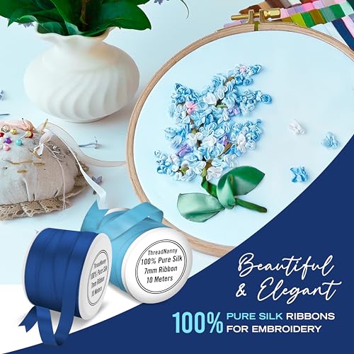 New 7mm Size ThreadNanny 6 Spools of 100% Pure Silk Ribbons - Blue Tones - 60 Meters x 7mm