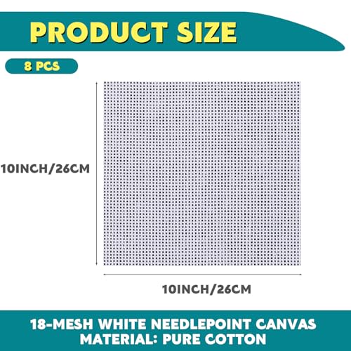 Knitgrip 8 Pack 10 x 10 Inches Needlepoint Canvas 18 Mesh Blank White Canvas Pure Cotton Needlepoint Mesh Twist Interlock for Embroidery DIY Knit Crochet Projects Make Dividers - size: 10 x 10 Inches