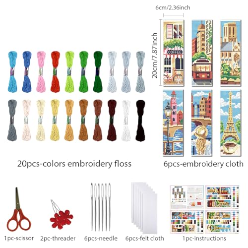 FREEBLOSS 6 Set Cross Stitch Bookmark Kit 11 CT Stamped Cross Stitch Kit DIY Embroidery Bookmark Kits for Adult Beginners with Instructions, Parisian Street Scenes, 6 x 20 cm/8" x 2.4" - style: Paris Theme