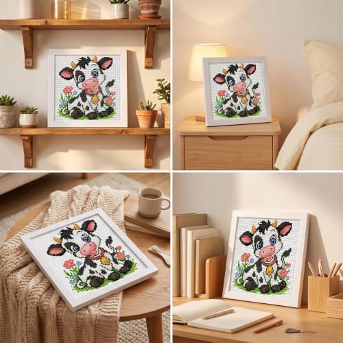 WUSARPLY Cow Stamped Cross Stitch Kits for Beginners Adults with Framed - color: DKJ032