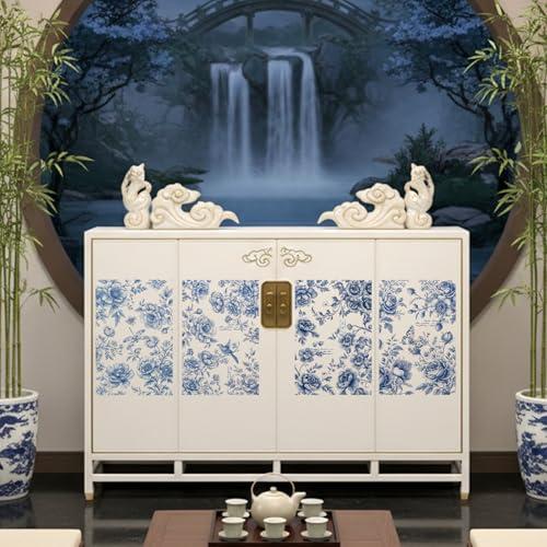 Vintage Floral Rub on Transfer for Crafts - 6 Sheets Blue Chinoiserie Flower Cold Rub on Transfer for Furniture, Retro Butterfly Flowers Stickers Decals for Wood Furniture Canvas Farmhouse Decoration - style: Floral