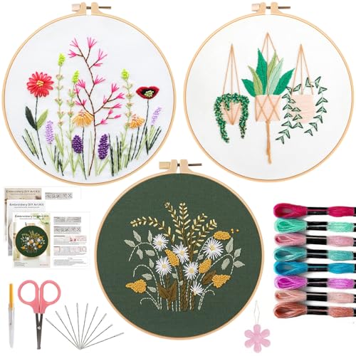 Offizon 3 Sets Embroidery Kit for Beginners Adult DIY Cross Stitches - color: Flower-D (3 Pack)