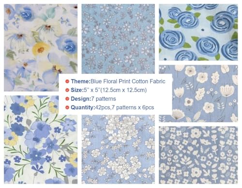 100% Cotton Boys Fabric Squares,5 Inch Quilting Supplies Clearance Blue Floral Fabric Precut Bundles for Sewing Project and DIY Crafts(42Pcs) … - color: Color-1