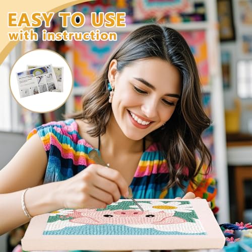 DOODLREAM Flowers Pig Punch Needle Kit for Beginner 9.4"x 9.4" - color: Pig