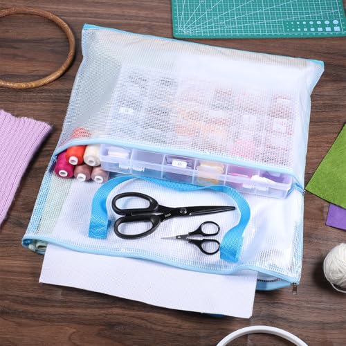 Portable Project Bags 16 x 16 Inch Craft Bag Organizer Tote with Handles Needlepoint Project Bag with Zipper and Double Pockets Transparent Mesh Zipper Pouch for Quilters Knitting Stitching Craft