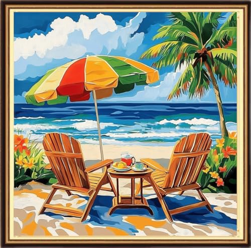 Redxing Counted Cross Stitch Kit for Beginners,Unprinted Needlepoint Kits for Beginners Cross Stitching Embroidery Kit 11CT Stitches kit-Seaside Tea Scenery 18x18 inch - color: KitsColor15