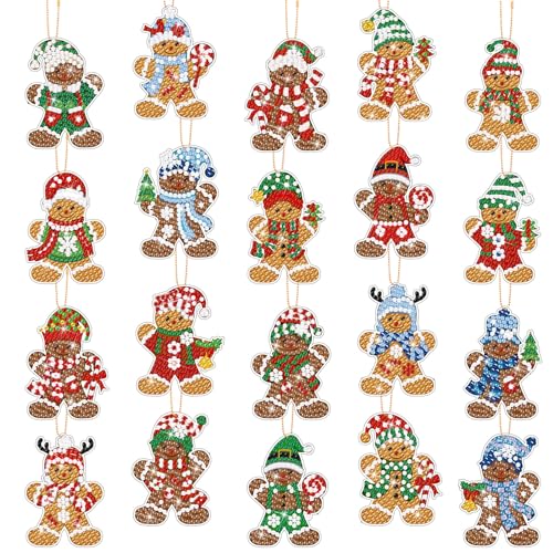Tondiamo 20 Pcs Christmas Diamond Painting Keychain Kits 5D DIY Diamond Art Pendants Double Sided Hanging Key Chains for Christmas Party Decoration DIY(Gingerbread Man Style) - style: Gingerbread Man Style
