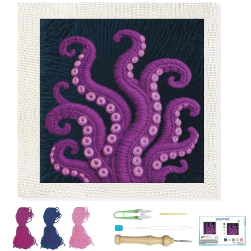 BEUNITONE Punch Needle Kit for Adults Beginners with Tentacle Pattern, Complete DIY Craft Needlepoint Kits with Hoop, Punch Needle Starter Craft Embroidery Set for Festival Gift & Home Decor 9.4x9.4" - color: 09-Octopus Tendons