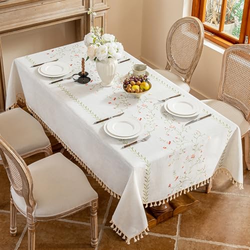 Alsoo Rectangle Tablecloth 55" x 90", Spring Pink Embroidered Table Cloth with Tassels, Farmhouse Rustic Linen Style, Heavy Weight Wrinkle & Spill Resistant Table Cover for Dining Kitchen (6-8 Seats) - color: Pink Flower, size: 90" x 55" (Rectangular)