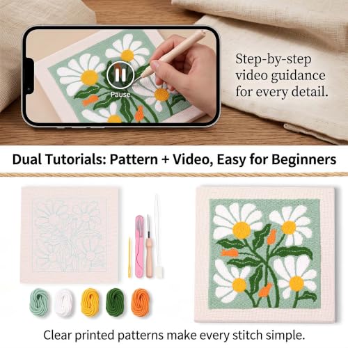 Harimau Embroidery Punch Needle kit Decorative Painting, Embroidery Starter Kits for Beginner,Punch Needle Fabric with Pattern,Threader, Yarns,Embroidery Hoops & Rug Punch(Green) - color: Green