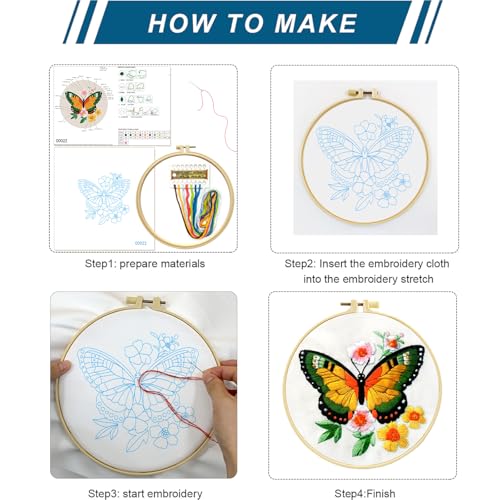 Zhenqing Butterfly Embroidery Kit 11.4x11.4 Inch - Complete Embroidery Set with Fabric, Threads, Needles & Hoop - Beginner-Friendly DIY Craft Kit for Adults (C0040) - color: C0040