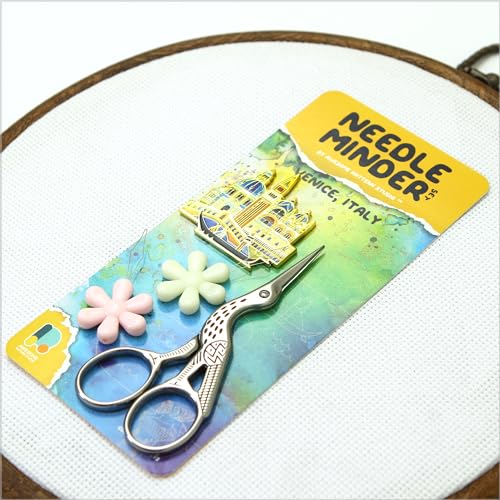 Awesome Pattern Studio Needle Minder Set – Venice Magnetic Needle Minder + 2 Needle Threaders + Crane Scissors. Enamel Pin for Cross Stitch, Embroidery and Craft - size: Venice Set #2