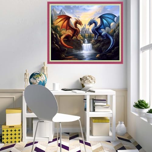 Disnesart Cross Stitch Stamped Full Embroidery Kits DIY 11CT Cotton Thread Printed DIY Needlepoint Kits Craft Needlework Set Cross-Stitch Stamped Sets-Water Fire Dragon Landscape 16x20 inch - color: Stylepattern03