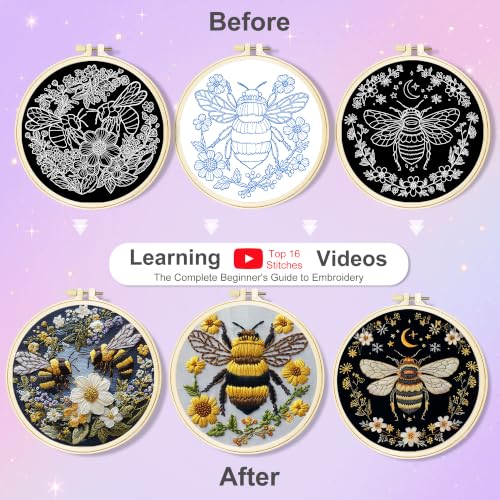 Huacan Embroidery Kit for Adults Beginners with 3 Hoops & Gift Box - color: Bees