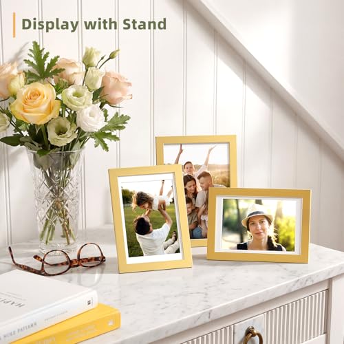 HappyHapi 4x6 Picture Frame Set of 5, Display Photo 3.5x5 with Mat or 4x6 without, Gallery Wall Frame Set, Wall or Tabletop Display (Gold) - color: gold, size: 4x6