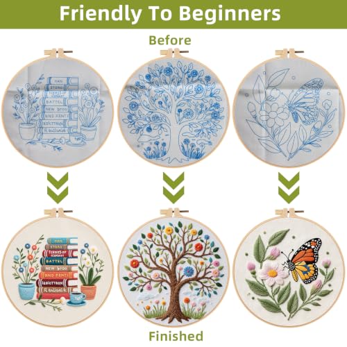 Herdiese Embroidery Kit for Beginners & Adults, 3 Sets with Instructions - color: Flower-F (3 Pack)