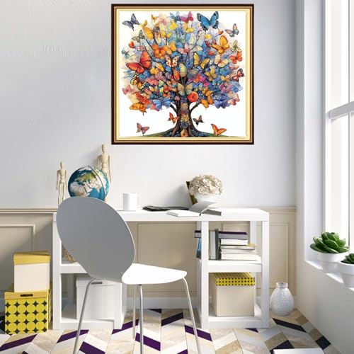 Redxing Counted Cross Stitch Kit for Beginners,Unprinted Needlepoint Kits for Beginners Cross Stitching Embroidery Kit 11CT Stitches kit-Butterfly Tree 18x18 inch - color: KitsColor10