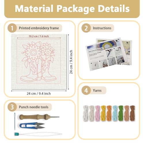 DOODLREAM Western Boots Punch Needle Kit for Beginner, 9.4"x9.4" Sunflower Punch Stitching Craft Set, DIY Embroidery Starter with Printed Frame, Instruction, Threader, Yarn, Pinch Needle - color: Western Boots