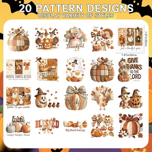 Fall Thanksgiving Iron on Transfers - 20Pcs Dtf Transfers Ready to Press, Autumn Pumpkin Turkey Iron on Decals Patches, Fall Give Thanks Heat Sublimation Stickers for DIY Tshirts Clothes Bags - color: Fall Thanksgiving119