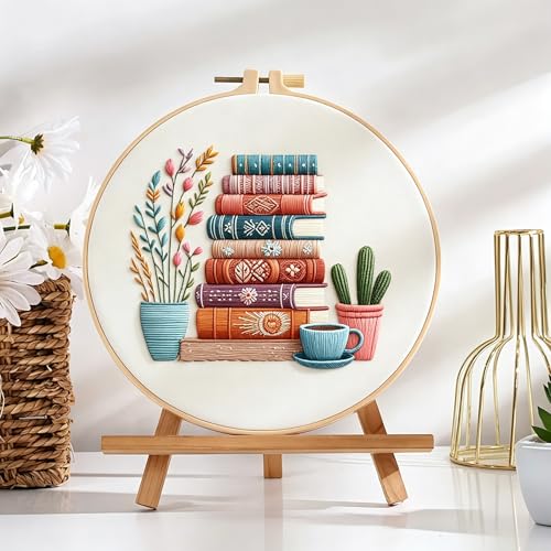 DIY Embroidery Kit for Beginners Adults, Stamped Books, Flowers & Coffee Pattern Embroidery Kit, Cross Stitch Set Include Embroidery Cloth Hoops Threads Needles Instruction, for Home Ofiice DIY Gift