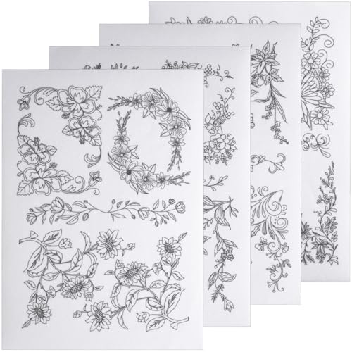 VARMDUKKE 4 PCS Pre-Printed Floral Water Soluble Embroidery Patterns, Stick and Stitch Embroidery Transfer Paper, Flower Embroidery Stickers Patterns for Hand Sewing Lover Beginners - White, Black