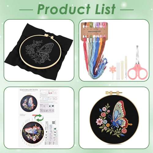 ERKOON Embroidery Kit for Beginners Adult, Cross Stitch Set Include Embroidery Cloth Hoop Threads for Craft Lover Hand Stitch with Embroidery Skill Techniques (Butterfly) - color: Butterfly