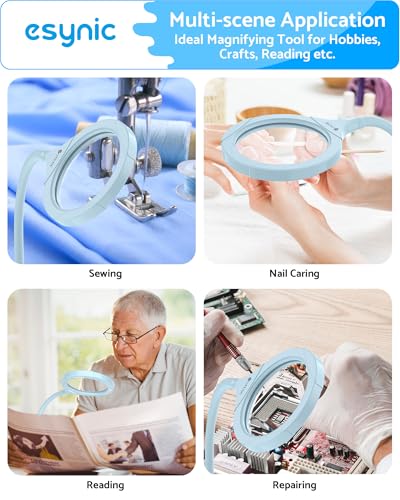 eSynic Magnifier Lamp with Light - 5X & 10X 110mm Large Lens with 15 LED Lights & USB-C Rechargeable Charging- With Flexible Gooseneck Adjustable Dual Clip& Base Mount for Crafts, Reading & Close Work