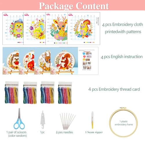 Zhenqing Autumn Animals Cross Stitch Kit - 4-Piece Set with Pre-Printed 11CT 24x24cm Fabric, Hoop & Tools, Fall Theme Animal Designs for Beginners (70412) - color: 70412