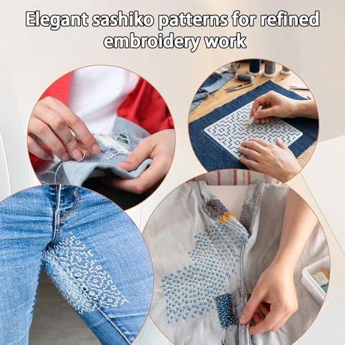 10 Pcs 5.1 Inch Plastic Sashiko Stencil Kit - Geometric Sashiko Pattern Template Drawing Line Quilting Stencil with Sewing Thimble Finger Protector, Embroidery Pattern Stabilizer for Hand Quilting