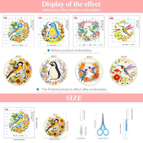 FEIYUENO 4 Pack Bird Cross Stitch Embroidery Kits for Adults (Hummingbird) - color: Hummingbird