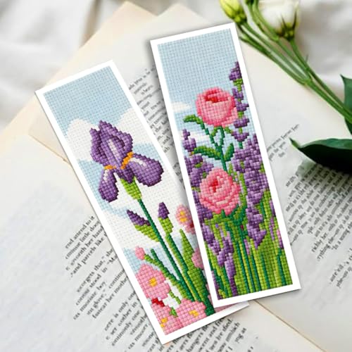 Zhenqing Floral Stamped Cross Stitch Bookmark Kit, 6 Garden Flower Designs on 11CT Fabric for Beginners, Book Lover Gift - color: 6 Garden Flower Bookmark