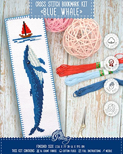 Povitrulya Blue Whale - Embroidery Set for DIY Bookmark - Counted Cross Stitch Kit with Paper Pattern, 16 Count Aida Canvas and Pre-Sorted Floss - color: blue whale