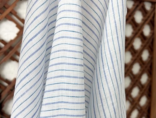 100% Linen Fabric – Lightweight Prewashed – Horizontal Stripe Patterns – Precut Style – Soft & Breathable – 52” Width – by The Linen Lab (Blue, 1 Yard pre Cut) - color: Blue, size: 1 yard pre cut