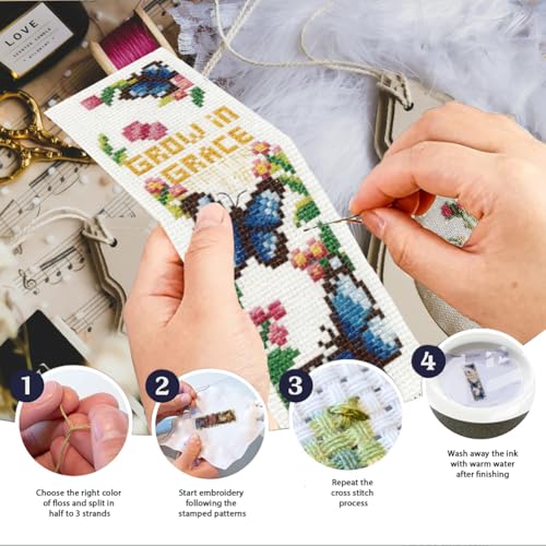 INFUNLY 6pcs Butterfly Quotes Cross Stitch Bookmark Kit DIY Embroidery Starter Set 3x8.5 Inch Cotton Linen Pre-Printed Fabric 14 Colors Floss Backing Felt Needles Threader Instructions for Book Lovers - style: Butterfly and Quotes