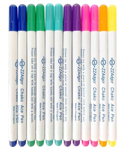 Jauisus 12Pcs Disappearing Ink Fabric Pens, 7 Colors - Dark Blue, Green, Blue, Purple, Pink, Orange, Yellow - Water Soluble Embroidery Pen for Fabric, Sewing, DIY Crafts