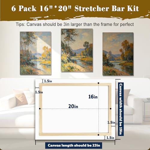 6 Pack 16x20 Inch Canvas Stretcher Bars, DIY Wood Canvas Frame Kit for Oil Painting, Paint by Numbers, Poster, Embroidery Stitch & Needlepoint Art Projects - size: 6Pack 16x20In