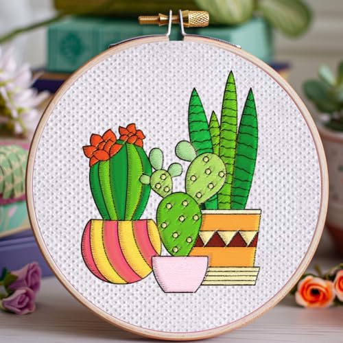 BENECREAT 4Sheets 48Pcs Potted Plants Water Soluble Embroidery, 11.7x8.3inch Cactus Succulents Stick and Stitch Embroidery Paper Stabilizer Water Soluble Hand Sewing for Shirts, Coats, Bags - color: Potted Plants