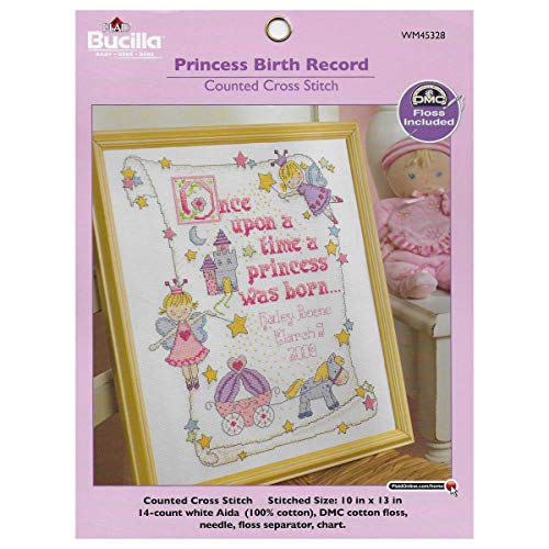 Bucilla Counted Cross Stitch Birth Record Kit, 10 by 13-Inch, 45328 Princess, Pink