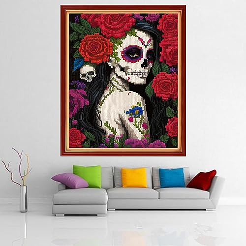 Dimensean Stamped Cross Stitch Kits Full Range of Embroidery Patterns Starter Kits for Beginners Adult DIY Cross Stitches Needlepoint Kit 11CT-Flower Skeleton Girl 16x20 inch - color: Arts kits 22