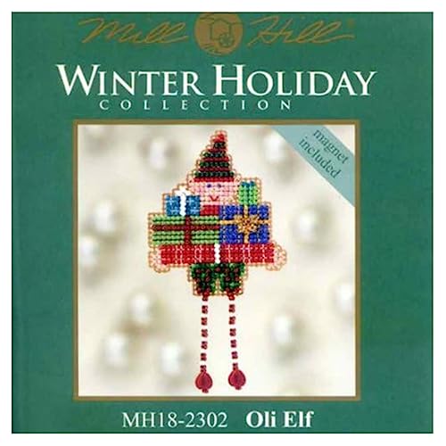 Oli Elf and Holli Elf Beaded Counted Cross Stitch Christmas Ornament Kits Mill Hill Winter Holiday Collection, Plus 'Needleworker' Sticker