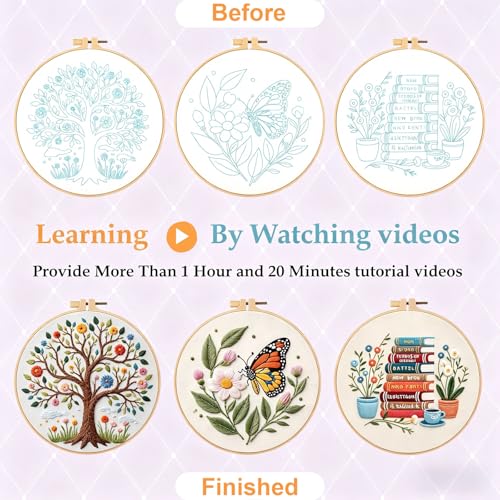 FEIYUENO 3 Sets Embroidery Stitch Kit for Beginners Adults (Tree Book) - color: Book Tree