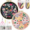 ERKOON Embroidery Kit for Beginners Adult, 2 Set Floral Cross Stitch Set Include Embroidery Cloth Hoops Threads for Craft Lover Hand Stitch with Embroidery Skill Techniques (Flower) - color: Flower