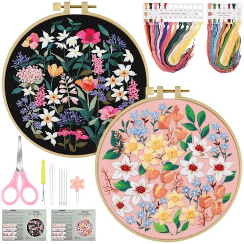 ERKOON Embroidery Kit for Beginners Adult, 2 Set Floral Cross Stitch Set Include Embroidery Cloth Hoops Threads for Craft Lover Hand Stitch with Embroidery Skill Techniques (Flower) - color: Flower