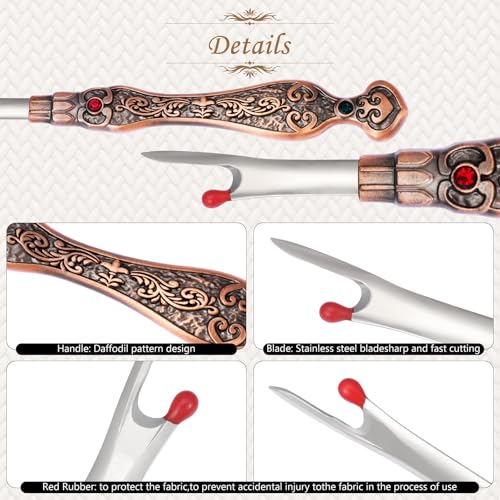 2Pcs Metal Seam Rippers, European Vintage Carved Handle Stitch Ripper, Sharp Seam Ripper Tool for Sewing with Storage Cases, Durable and Handy Crafting Removing Threads Tools (red Copper) - color: red copper