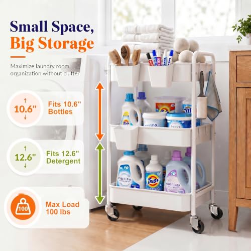 3 Tier Rolling Cart Metal with Wheels, White Three Tiered Carts on Wheels - color: Light White, size: 3 Tier + Cups + Hooks