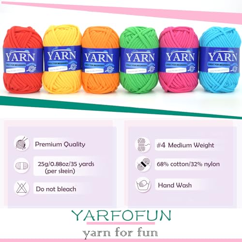 Bright Series Cotton Crochet Yarn - Blue, Green, Pink, Red, Yellow, Orange - Easy-to-See Stitches for Beginners - color: Bright Series, size: 6 PACK